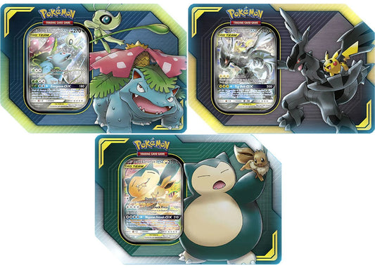 Cheap Sun & Moon Tag Team GX tin—venusaur and celebi, snorlax and eevee, and zekrom and pikachu for sale